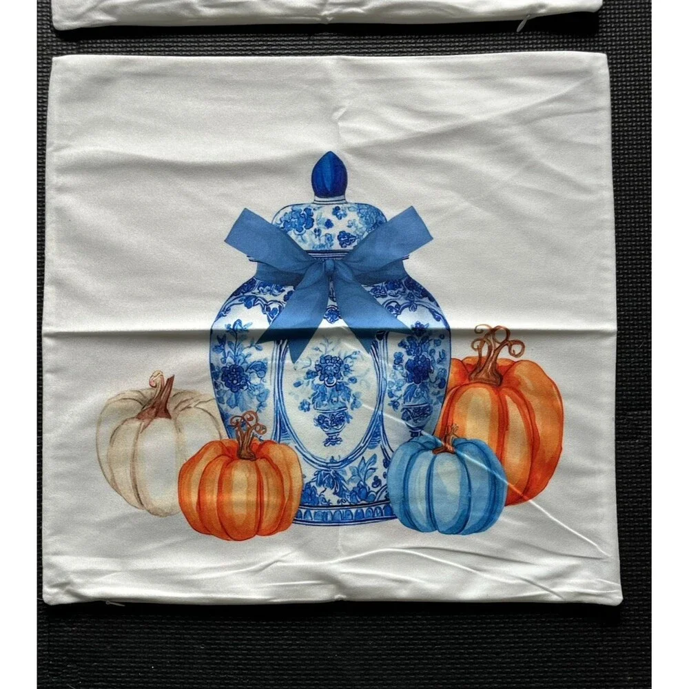 Fall Pillow Covers 18x18 Set of 2 Blue and White Porcelain Pumpkins Orange